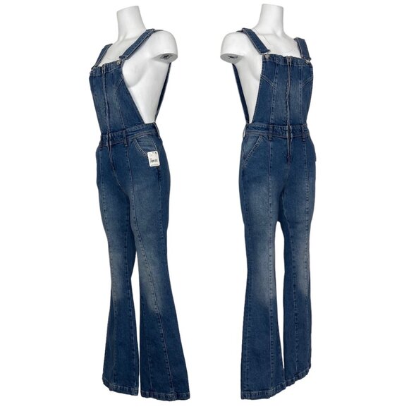 Free People We The Free Camilla Denim Overalls XS Rolling River Bell Bottoms - Picture 3 of 12
